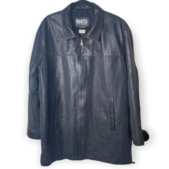 Roots “Richard” Leather Car Coat Vintage Black Treated size L Zip Front Y